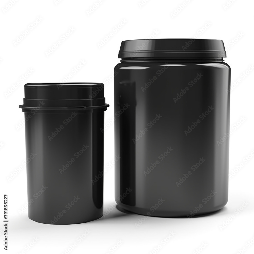 mockup of a tall black plastic protein container, front shot and overhead shot, white background сreated with Generative Ai mockup of a tall black plastic protein container, front shot and overhead shot, white background сreated with Generative Ai