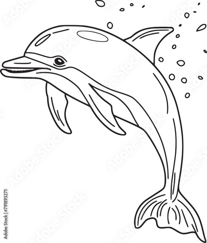 Coloring pages. Marine wild animals. Little cute baby dolphin smiles.