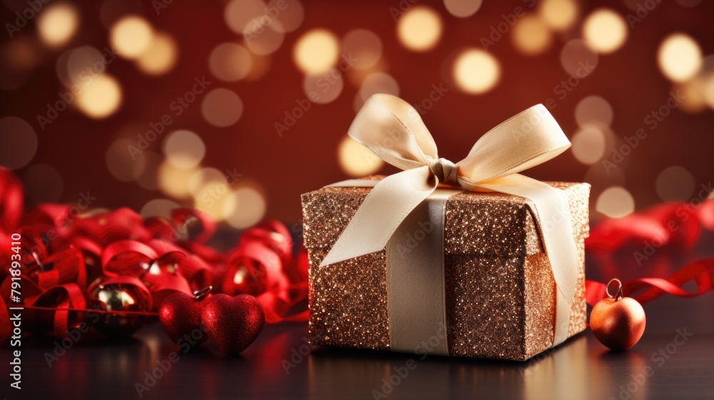 Festive Holiday Gift Box with Sparkling Golden Wrap and Red Decor Festive Holiday Gift Box with Sparkling Golden Wrap and Red Decor