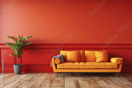 Orange and red wall on living room two tone colorful design.3D rendering.