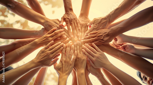 Team teamwork business join hand together concept, Power of volunteer charity work, Stack of people hand photo