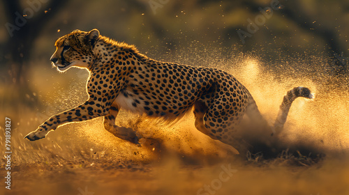 Majestic Cheetah Stalking Through Golden Savannah at Sunset photo