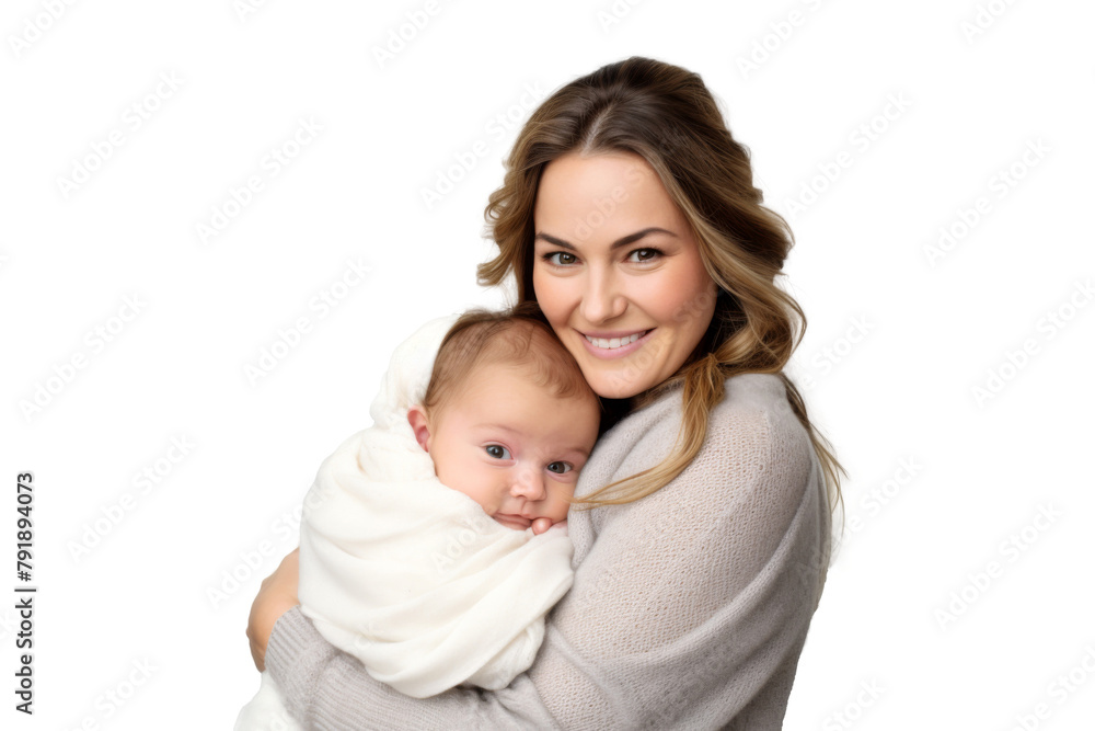Portrait of mom holding baby with her arms isolated on transparent png background, love moment, newborn sleeping tenderly in arms, cute little infant. Portrait of mom holding baby with her arms isolated on transparent png background, love moment, newborn sleeping tenderly in arms, cute little infant.