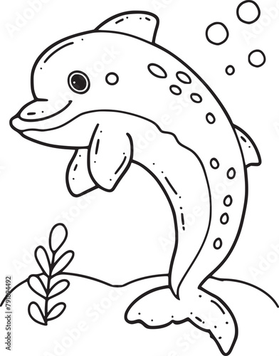 Coloring pages. Marine wild animals. Little cute baby dolphin smiles.