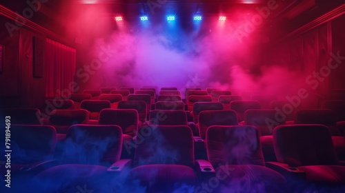 Empty theater with smoke rising from seats