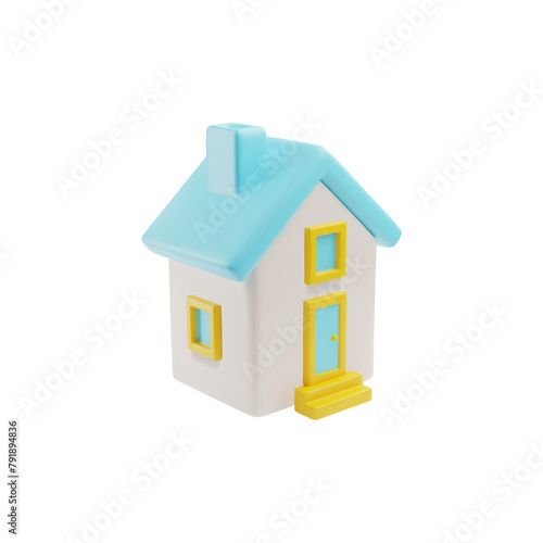 House building with chimney pipe 3D vector icon, cartoon isometric real estate construction, volume kids toy, game asset photo