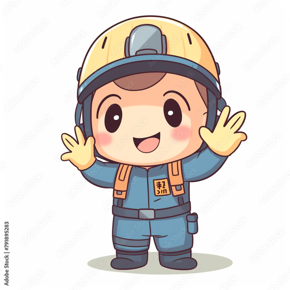 a guy wearing an overall and a security helmet, he's very happy and saying hi, character, illustration, kawaii сreated with Generative Ai a guy wearing an overall and a security helmet, he's very happy and saying hi, character, illustration, kawaii сreated with Generative Ai