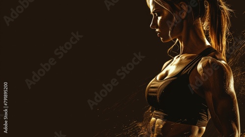 Gold glitter on bodybuilder woman body. Web banner female on the left, dark background