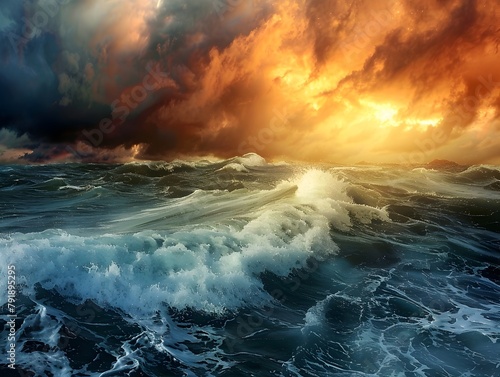 Turbulent Seascape at Dramatic Sunset with Powerful Waves Crashing Against the Rugged Coastline