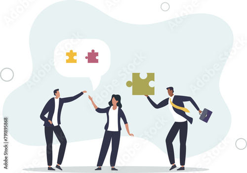 businessman offer missing jigsaw piece to complete the puzzle.flat vector illustration.