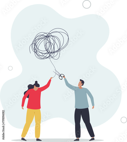 psychologist using scissors to cut chaos messy balloon on patient.flat vector illustration.