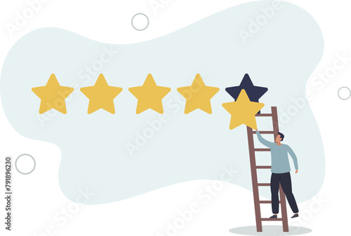 businessman holding 5th star climb up ladder to put on best rating.flat vector illustration.