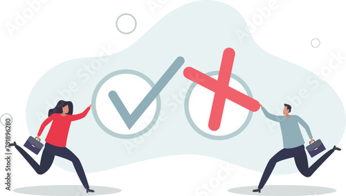 business people holding big pros and cons, right and wrong symbols.flat vector illustration.