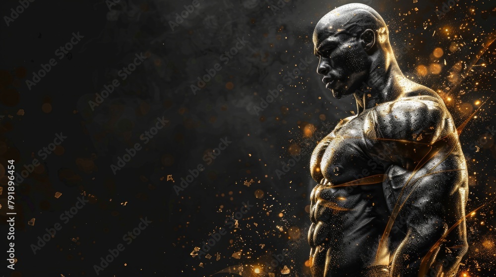 Gold glitter on bodybuilder man body. Web banner male on the left, dark background Gold glitter on bodybuilder man body. Web banner male on the left, dark background