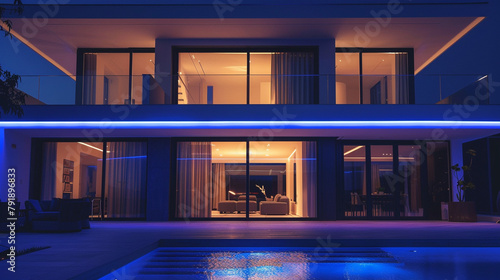 : A mesmerizing view of a contemporary villa adorned with vibrant LED lights shining brightly in the darkness of the night, presenting an aura of modern elegance and sophistication with an empty inter photo