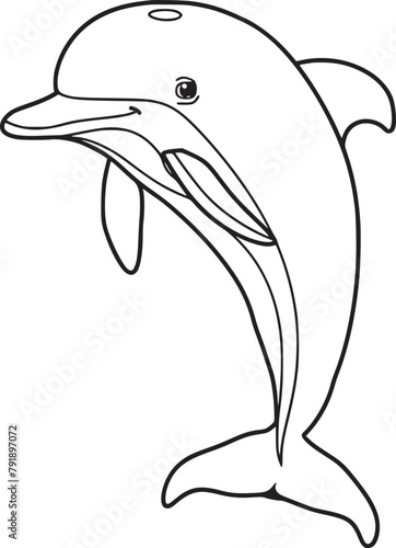 Coloring pages. Marine wild animals. Little cute baby dolphin smiles.