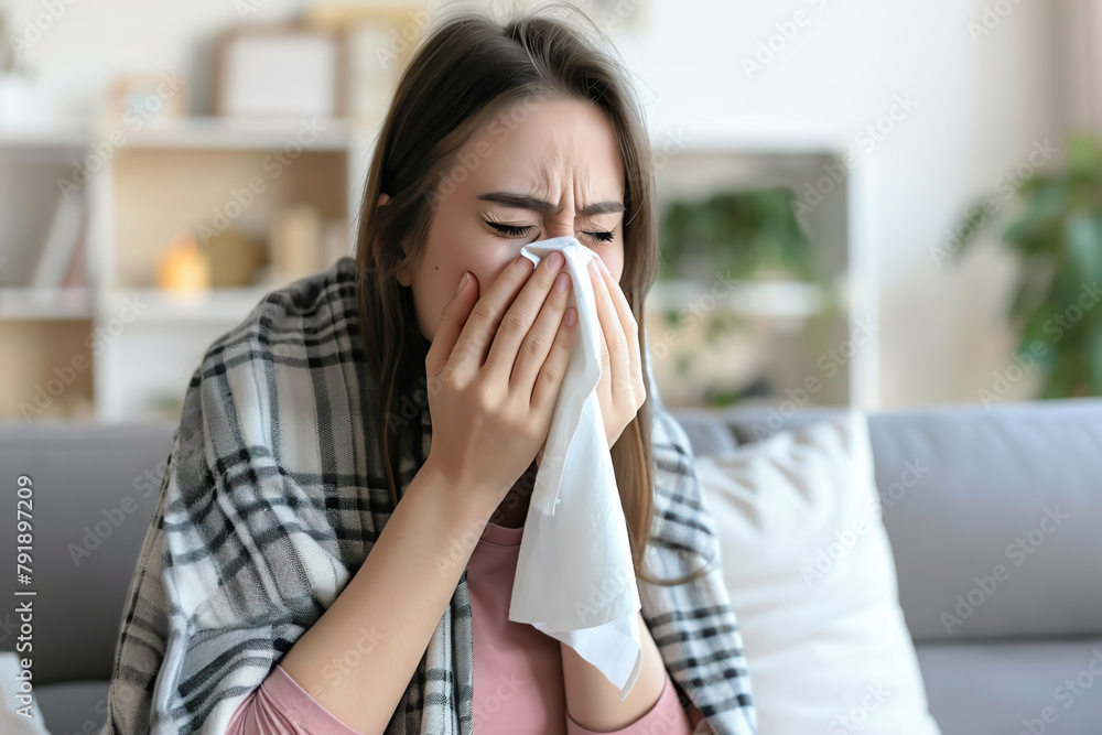 Young sick woman with cold or flue sitting on grey couch, holding a tissue to clear, blowing runny nose. Sneezing Girl under gray plaid blanket with handkerchief to dripping nose, blowing snot at home Young sick woman with cold or flue sitting on grey couch, holding a tissue to clear, blowing runny nose. Sneezing Girl under gray plaid blanket with handkerchief to dripping nose, blowing snot at home