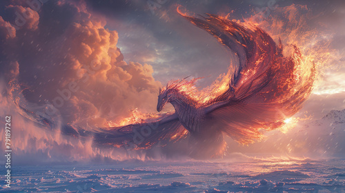 Fiery dragon emerging from clouds at ocean twilight