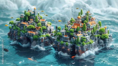 Futuristic underwater city with biodomes, tropical fish and lush coral photo
