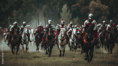 Warhorses rearing in defiance as knights charge forth with lances leveled