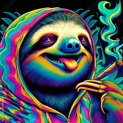 Digital art of a psychedelic cool sloth animal with sunglasses smoking a blunt © The A.I Studio