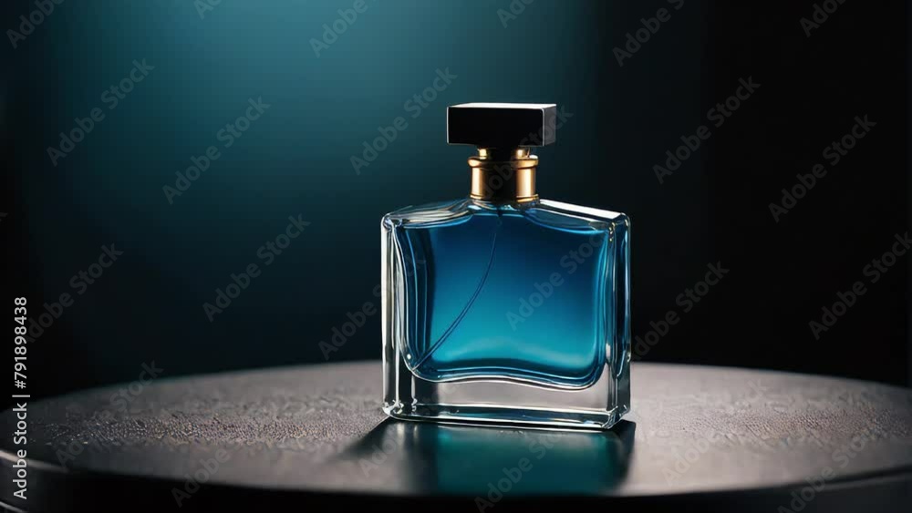 elegant bottle of blue men's perfume on a dark black background, glare of light, mysterious atmosphere, cologne, fragrance, luxury, aroma elegant bottle of blue men's perfume on a dark black background, glare of light, mysterious atmosphere, cologne, fragrance, luxury, aroma