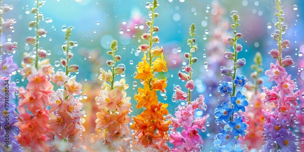 Magic of Summer. Colourful flowers in rain.