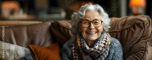 Elderly woman with glasses and a joyful smile