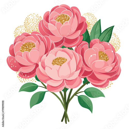 A bouquet of pink peons peony flowers with gold accents. The flowers are arranged in a way that they look like they are in a vase. Scene is one of elegance and sophistication