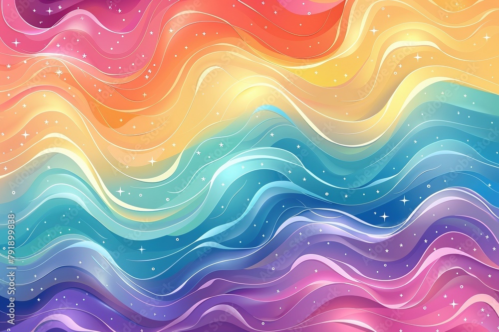 Vibrant, flowing waves and sparkling stars form a seamless retro background pattern. Vibrant, flowing waves and sparkling stars form a seamless retro background pattern.