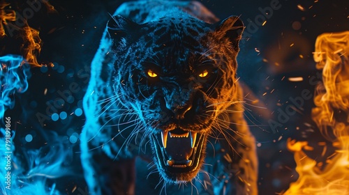 Angry black jaguar with open mouth and fiery mane, Glowing yellow eyes, jumping, blue fire flames and sand at night background. Intense Black Panther with Fierce Glowing Eyes in Blue Fiery Ambience