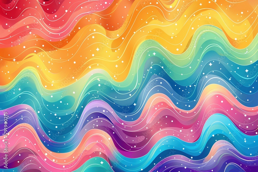 A seamless retro pattern featuring colorful, abstract waves and scattered stars A seamless retro pattern featuring colorful, abstract waves and scattered stars