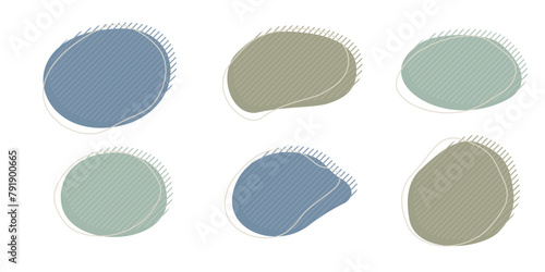 Collection of organic irregular blob shape with decorative stripes and stroke line. Gray blue random deform circle spot. Isolated white background Organic amoeba Doodle elements Vector illustration. (ID: 791900665)