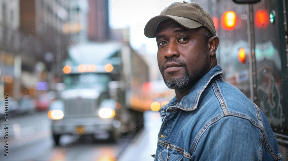 Portrait of african american truck driver in front of his car. Portrait of african american truck driver in front of his car.