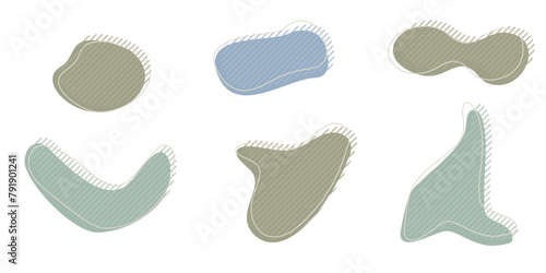 Collection of organic irregular blob shape with decorative stripes and stroke line. Gray blue random deform circle spot. Isolated white background Organic amoeba Doodle elements Vector illustration. (ID: 791901241)