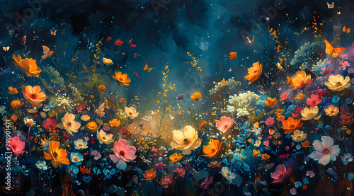 Lively Garden Fantasia: Oil Painting of Mythical Creatures and Floral Abundance