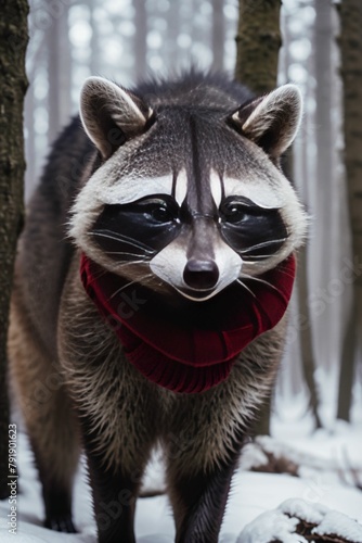 a raccoon is looking at the camera and has a scarf around its neck