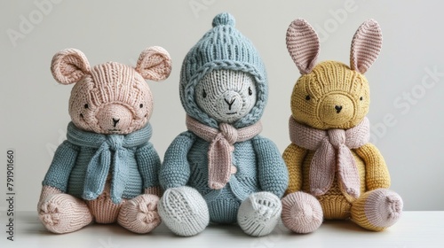 Adorable knitted baby animals wearing cozy scarves displayed in a row
