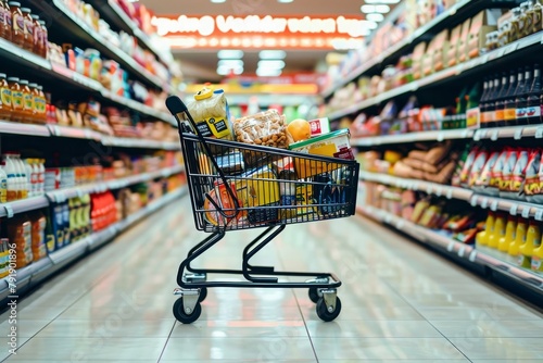 Shopping cart containing a variety of items, reflecting a shopper’s choice in a busy supermarket aisle