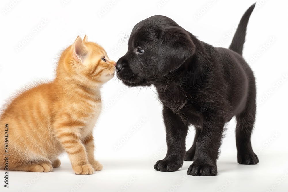 Fototapeta premium Side view, a black labrador puppy standing nose to nose with a fluffy ginger kitten isolated on a white background