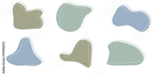 Collection of organic irregular blob shape with decorative stripes and stroke line. Gray blue random deform circle spot. Isolated white background Organic amoeba Doodle elements Vector illustration. (ID: 791902070)
