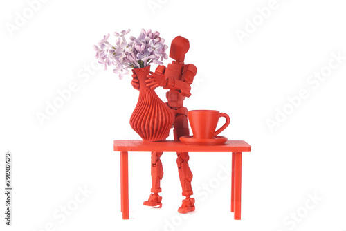 A human figure with a vase and flowers. Create coziness in the home. Put flowers in a vase.
