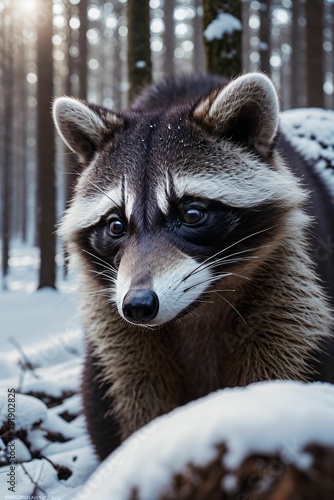 a raccoon is looking at the camera with a snow on its face