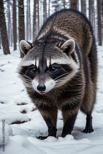 a raccoon is standing in the snow in front of a forest