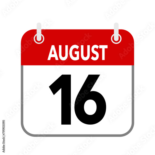 16 August, calendar date icon on white background.
