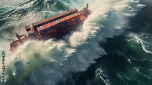 The cargo ship is facing big waves.A small boat travels on a calm blue sea under a bright summer sky