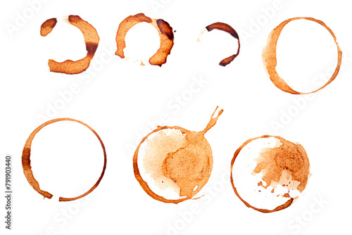 Set of coffee stains, mug imprints, random abstract brown patterns isolated on white, clipping path, PNG