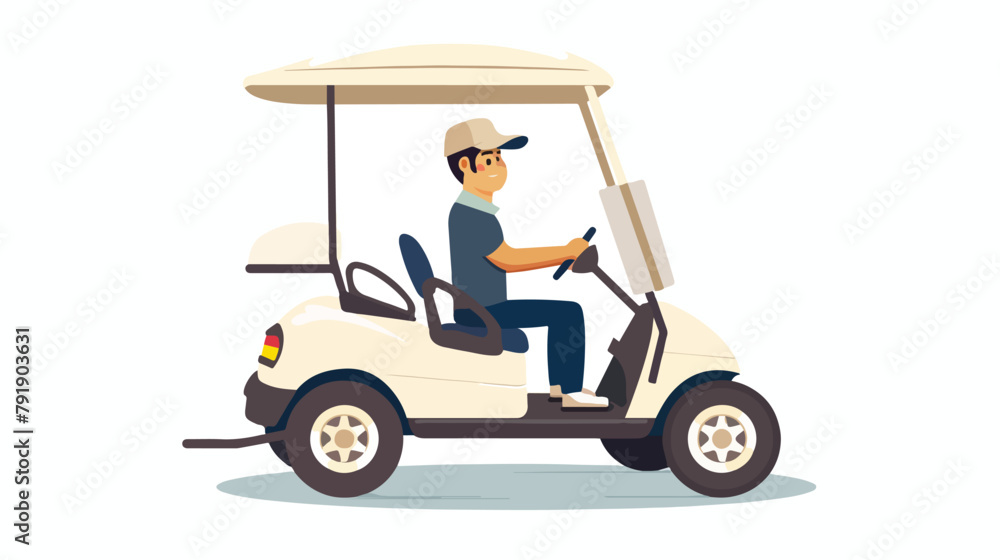 Young man driving golf cart or car in cap visor. Male