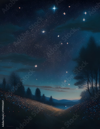Dreamy lofi landscape with stars shinning bright. photo