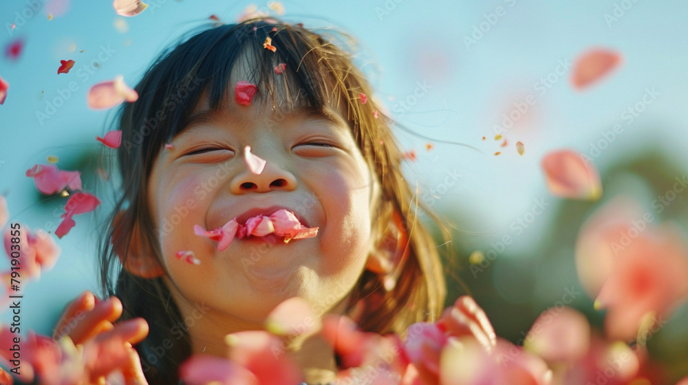 A 7-year-old Asian girl who is smiling brightly and blowing her mouth like blowing flower petals A 7-year-old Asian girl who is smiling brightly and blowing her mouth like blowing flower petals